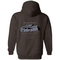 Sonoma Rebel men's brown midweight fleece hoodie with a graphic print of Wolf House in Glen Ellen, California.