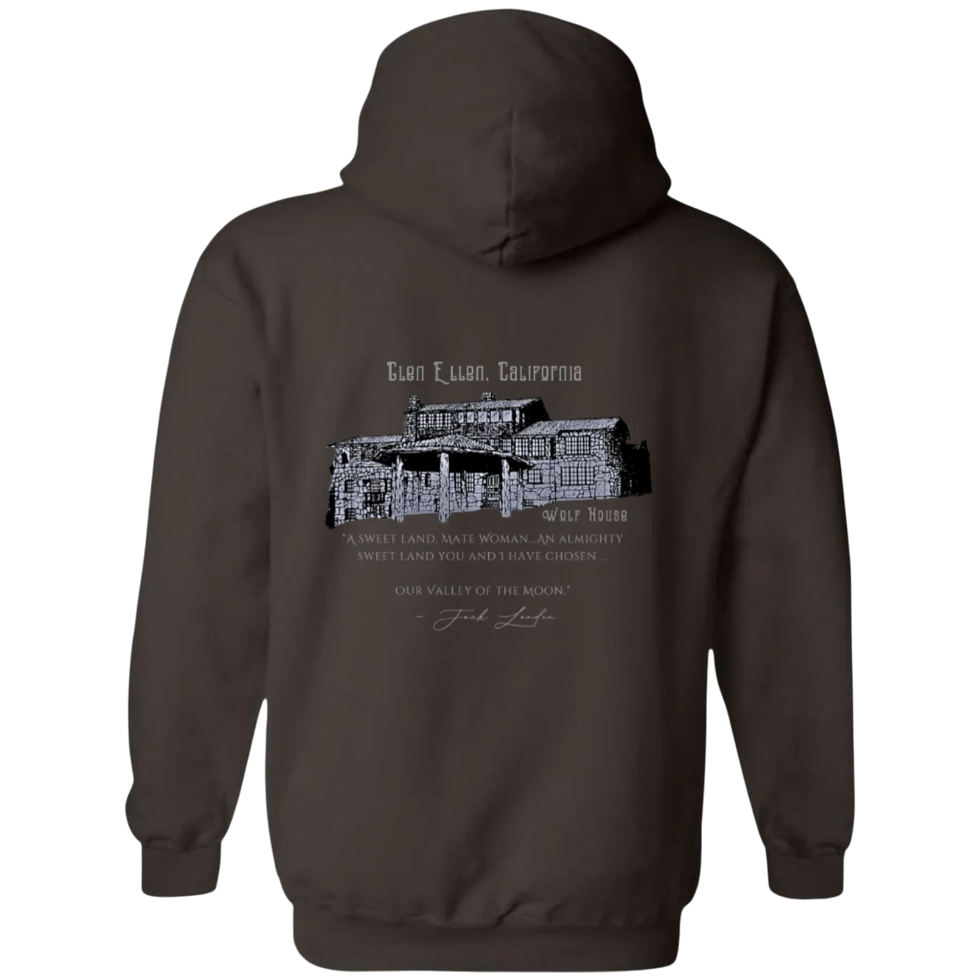 Sonoma Rebel men's brown midweight fleece hoodie with a graphic print of Wolf House in Glen Ellen, California.