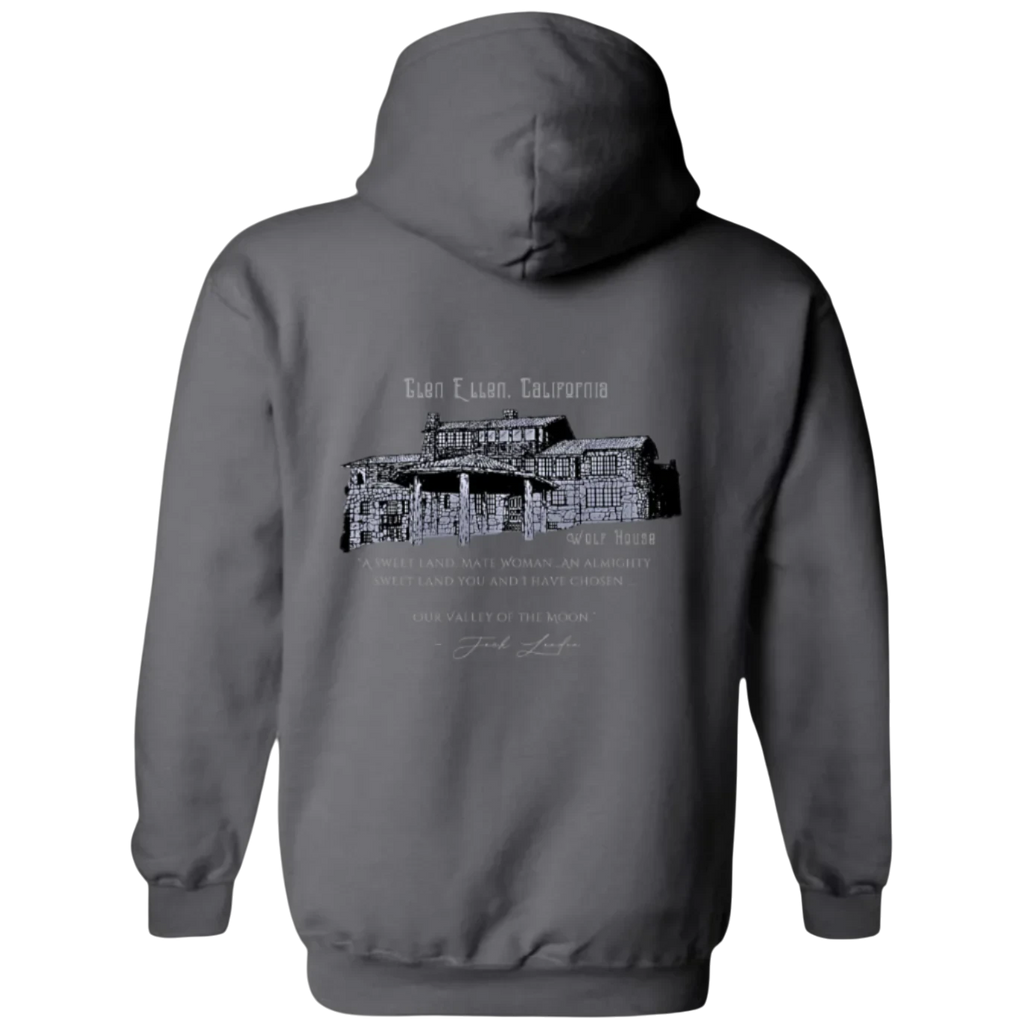 Sonoma Rebel charcoal grey midweight fleece hoodie with a graphic print of Wolf House in Glen Ellen, California and a quote.