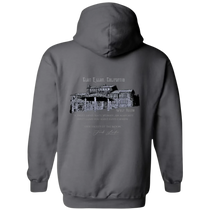 Sonoma Rebel charcoal grey midweight fleece hoodie with a graphic print of Wolf House in Glen Ellen, California and a quote.