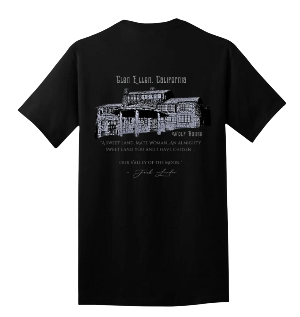 Sonoma Rebel black 100% cotton t-shirt with a graphic of Jack London's Wolf House and quote.