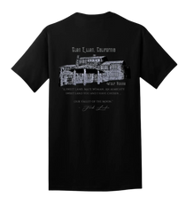 Sonoma Rebel black 100% cotton t-shirt with a graphic of Jack London's Wolf House and quote.