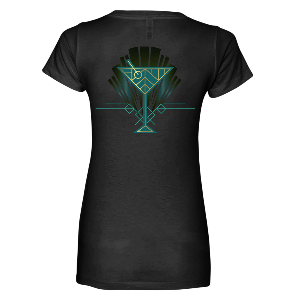 Sonoma Rebel women's dark grey V-neck t-shirt with a gold and teal Art Deco cocktail glass graphic on the back.