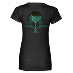 Sonoma Rebel women's dark grey V-neck t-shirt with a gold and teal Art Deco cocktail glass graphic on the back.