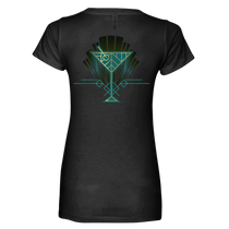 Sonoma Rebel women's dark grey V-neck t-shirt with a gold and teal Art Deco cocktail glass graphic on the back.