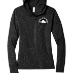 Sonoma Rebel Misty Moon womens full zip hoodie in heathered black, featuring a graphic logo on the left chest and front pockets.