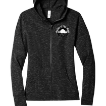 Sonoma Rebel Misty Moon womens full zip hoodie in heathered black, featuring a graphic logo on the left chest and front pockets.