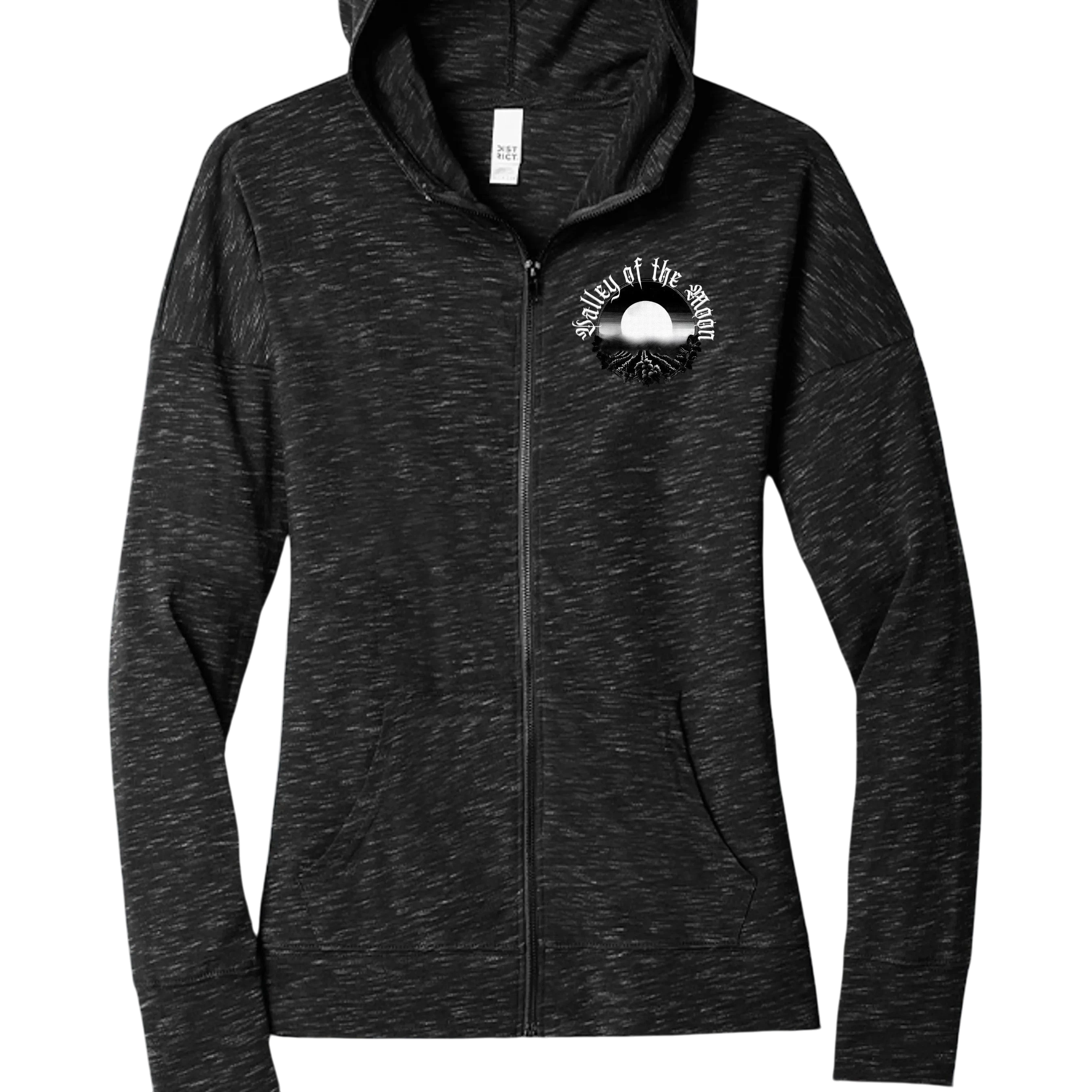 Sonoma Rebel Misty Moon womens full zip hoodie in heathered black, featuring a graphic logo on the left chest and front pockets.