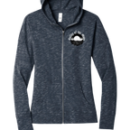 Sonoma Rebel Misty Moon womens heathered navy full zip hoodie with front pockets and a circular graphic logo on the left chest.