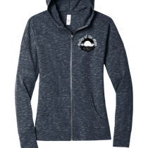 Sonoma Rebel Misty Moon womens heathered navy full zip hoodie with front pockets and a circular graphic logo on the left chest.