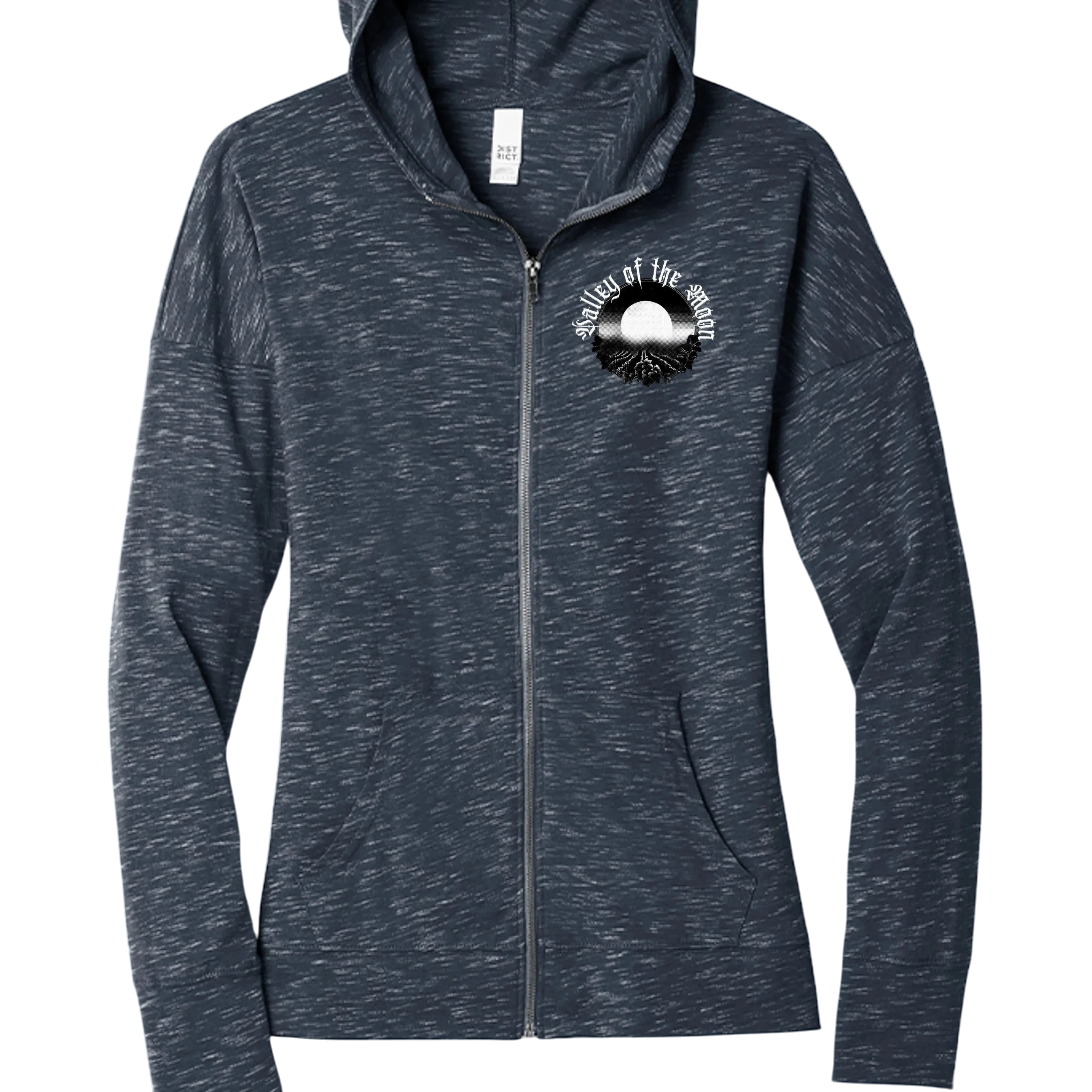 Sonoma Rebel Misty Moon womens heathered navy full zip hoodie with front pockets and a circular graphic logo on the left chest.