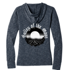 Sonoma Rebel Misty Moon womens heathered navy blue full zip hoodie with graphic print on back.