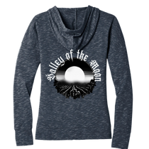 Sonoma Rebel Misty Moon womens heathered navy blue full zip hoodie with graphic print on back.