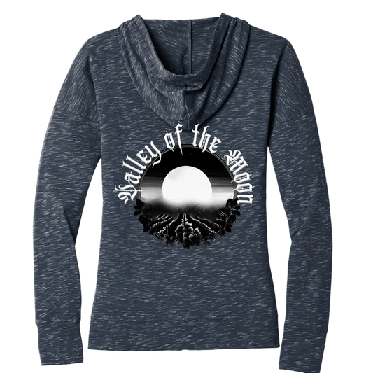 Sonoma Rebel Misty Moon womens heathered navy blue full zip hoodie with graphic print on back.