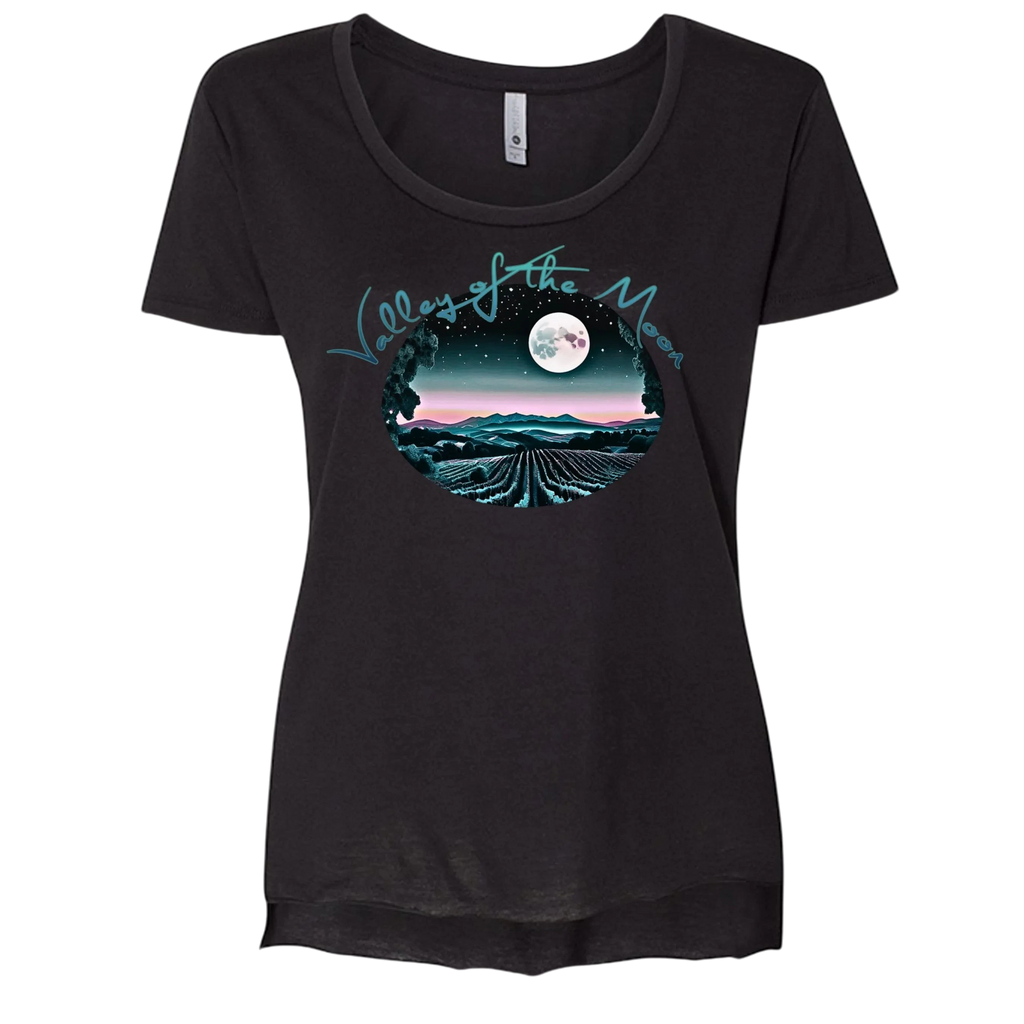 Sonoma Rebel women's black scoop neck t-shirt with a "Valley of the Moon" graphic featuring a full moon over vineyards at night.