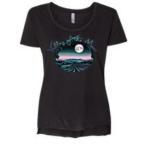 Sonoma Rebel women's black scoop neck t-shirt with a "Valley of the Moon" graphic featuring a full moon over vineyards at night.