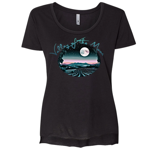 Sonoma Rebel women's black scoop neck t-shirt with a "Valley of the Moon" graphic featuring a full moon over vineyards at night.