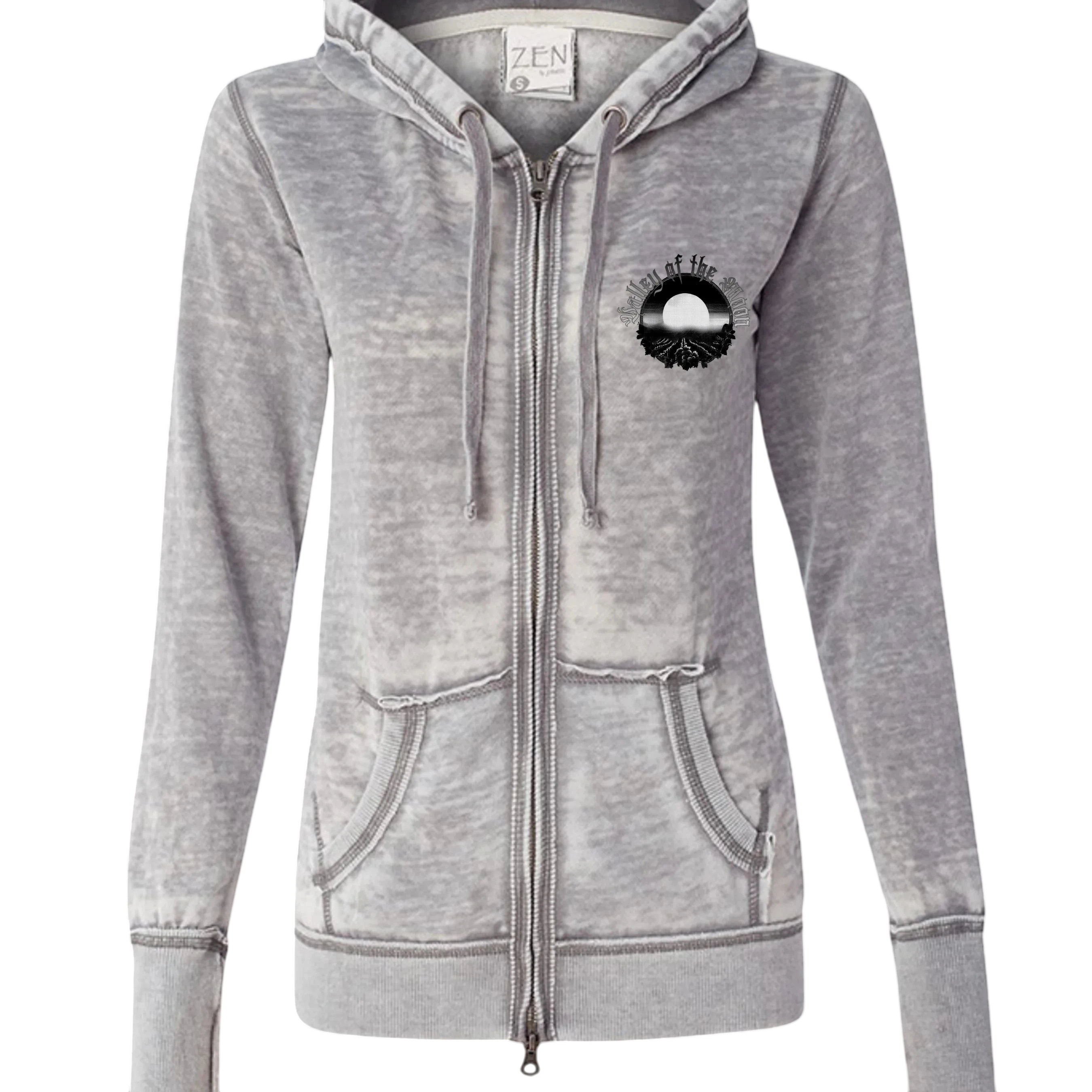 Sonoma Rebel Women's grey burnout fleece full zip hoodie with front pockets and a graphic logo on the left chest.
