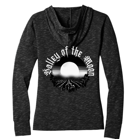 Sonoma Rebel Misty Moon womens charcoal heather full zip hoodie with graphic print on back.