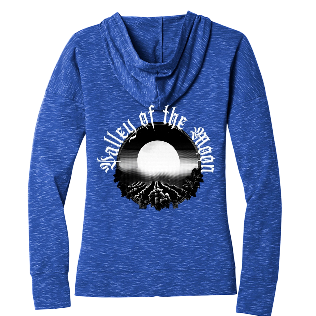 Sonoma Rebel Misty Moon womens royal blue heathered cotton-blend full zip hoodie with graphic.