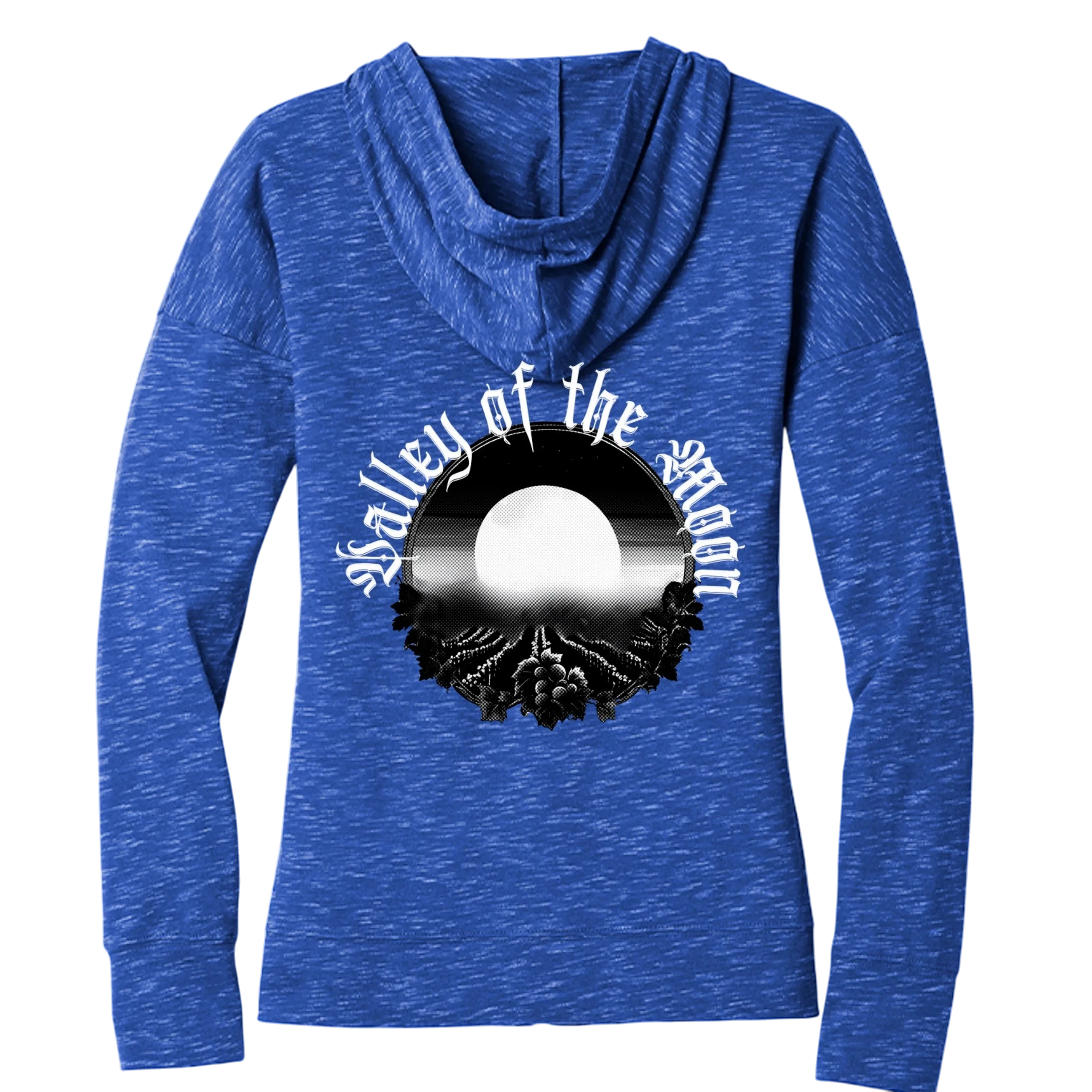 Sonoma Rebel Misty Moon womens royal blue heathered cotton-blend full zip hoodie with graphic.