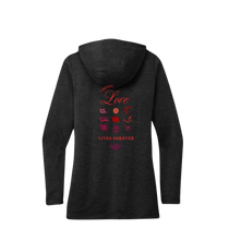 Sonoma Rebel dark heather grey tri-blend hoodie with "A Writer's Love Lives Forever" graphic on back.