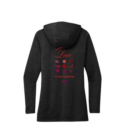 Sonoma Rebel dark heather grey tri-blend hoodie with "A Writer's Love Lives Forever" graphic on back.