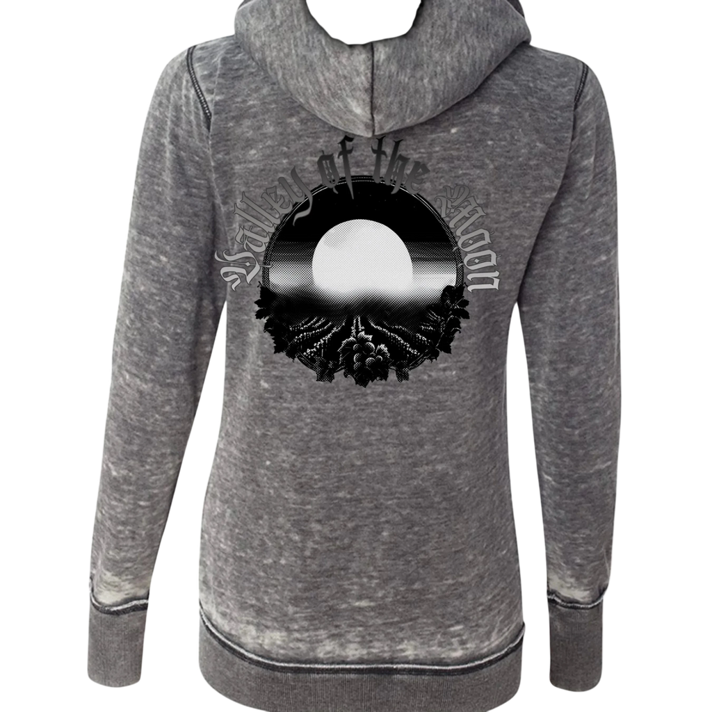 Sonoma Rebel women's grey burnout fleece zip-up hoodie with moon graphic on back. Cotton-polyester blend.