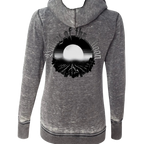 Sonoma Rebel women's grey burnout fleece zip-up hoodie with moon graphic on back. Cotton-polyester blend.