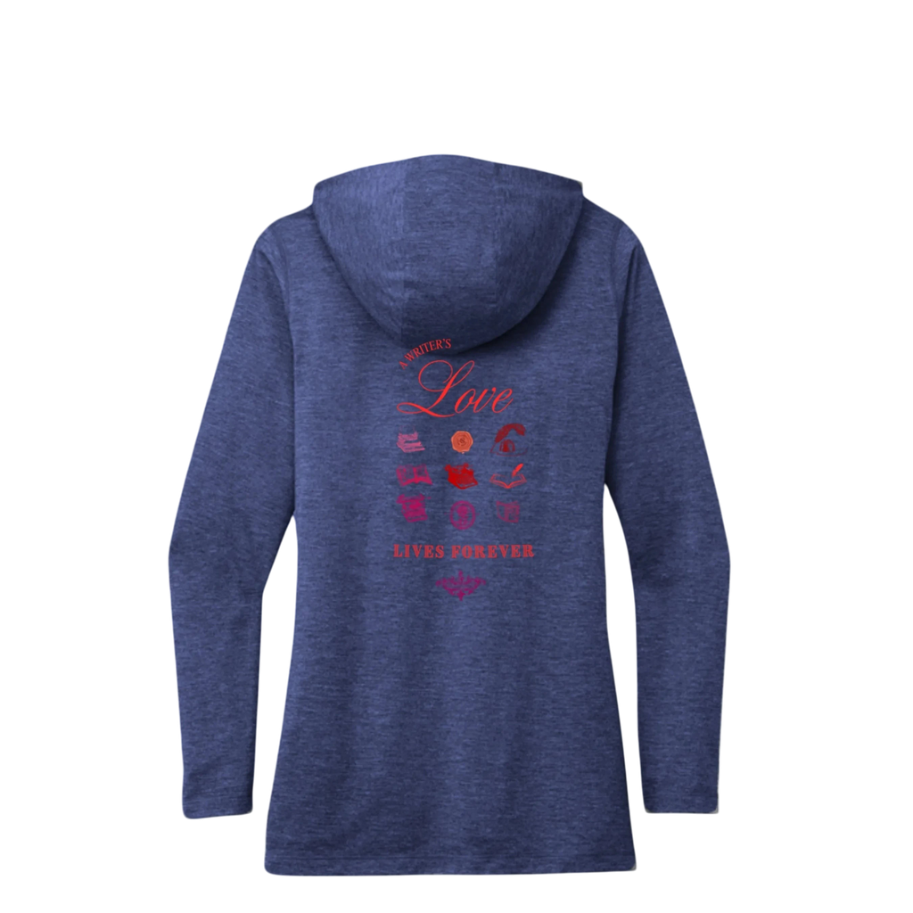 Sonoma Rebel blue heathered tri-blend hoodie with "Writer's Love Lives Forever" graphic on back. Jack London Writer's Guild