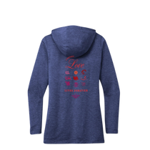 Sonoma Rebel blue heathered tri-blend hoodie with "Writer's Love Lives Forever" graphic on back. Jack London Writer's Guild