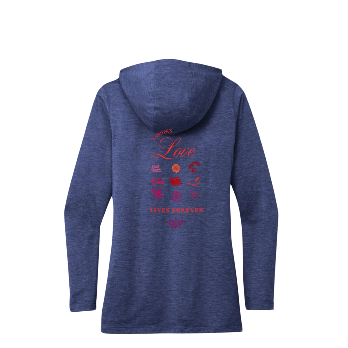 Sonoma Rebel blue heathered tri-blend hoodie with "Writer's Love Lives Forever" graphic on back. Jack London Writer's Guild Main image