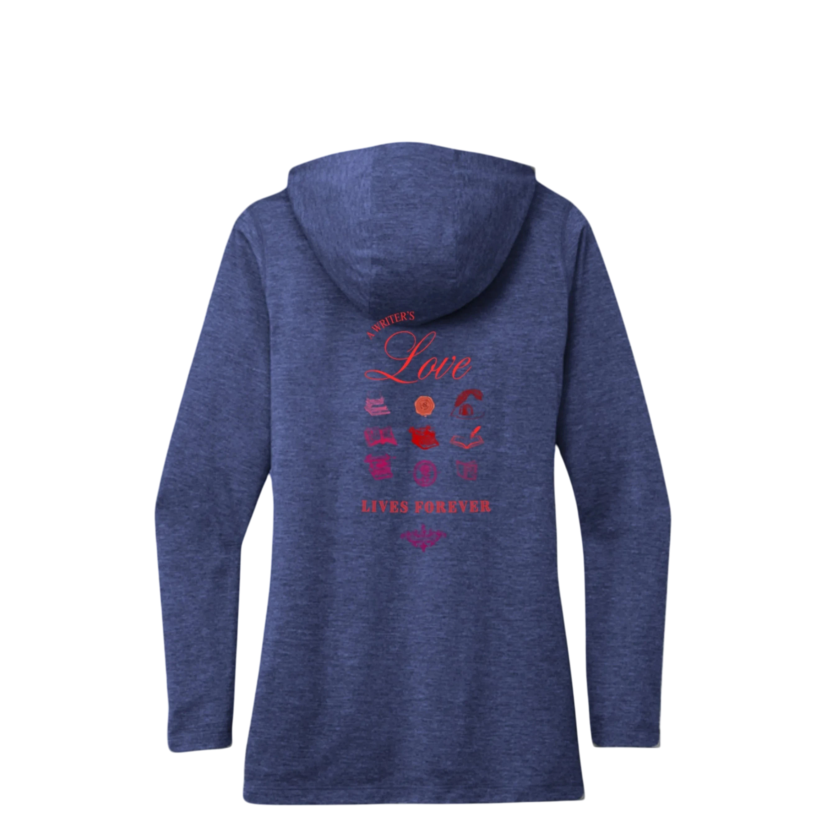 Sonoma Rebel blue heathered tri-blend hoodie with "Writer's Love Lives Forever" graphic on back. Jack London Writer's Guild