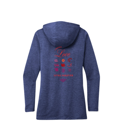 Sonoma Rebel blue heathered tri-blend hoodie with "Writer's Love Lives Forever" graphic on back. Jack London Writer's Guild
