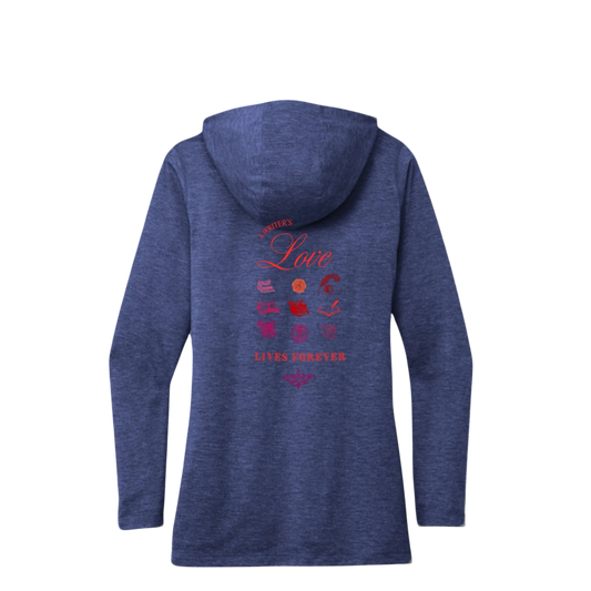 Sonoma Rebel blue heathered tri-blend hoodie with "Writer's Love Lives Forever" graphic on back. Jack London Writer's Guild
