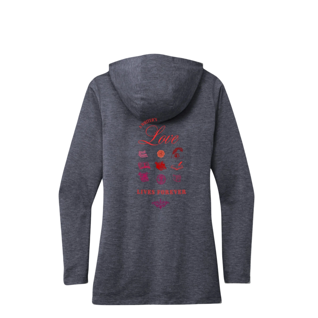 Sonoma Rebel dark heather grey tri-blend hoodie with "Writer's Love Lives Forever" graphic on back.