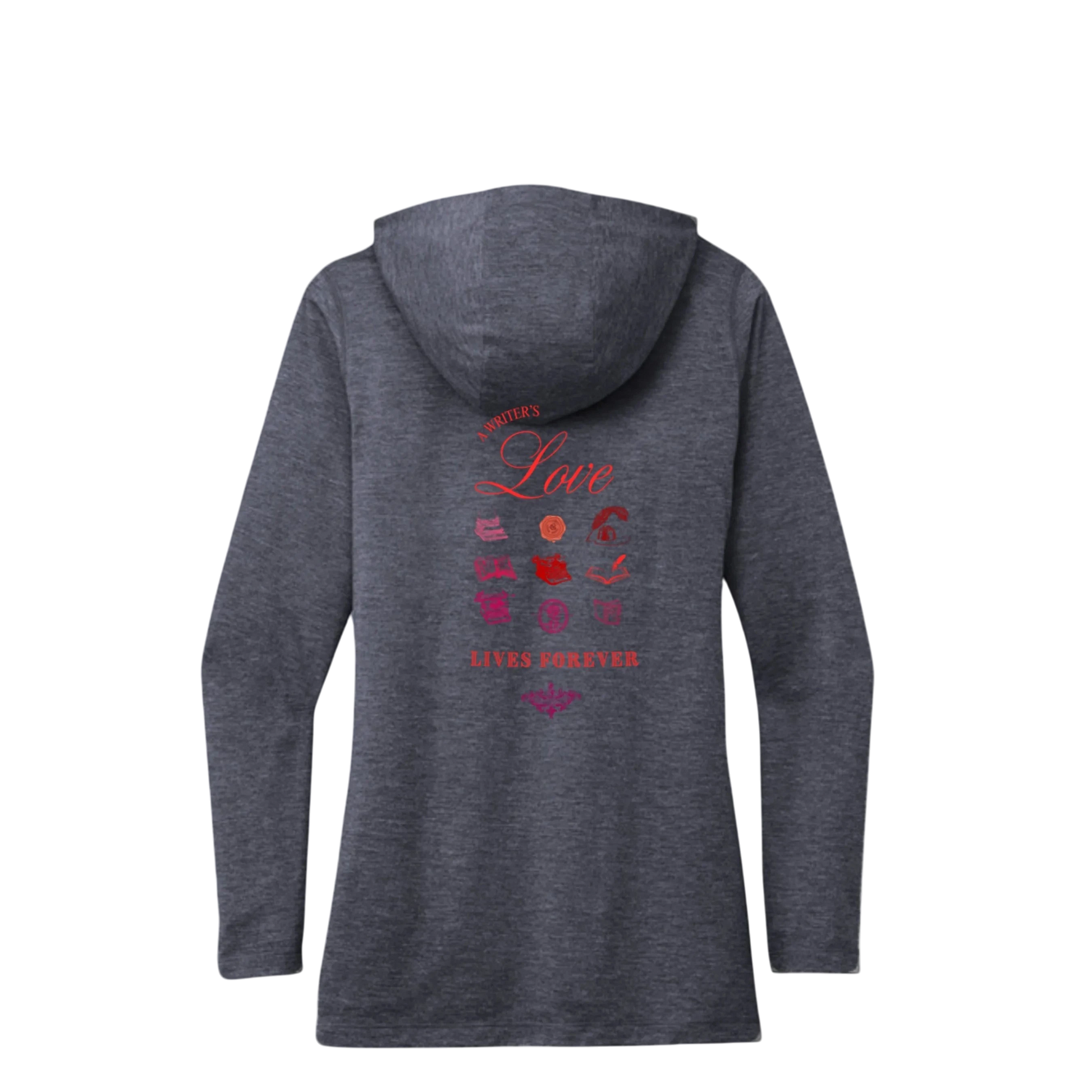 Sonoma Rebel dark heather grey tri-blend hoodie with "Writer's Love Lives Forever" graphic on back.