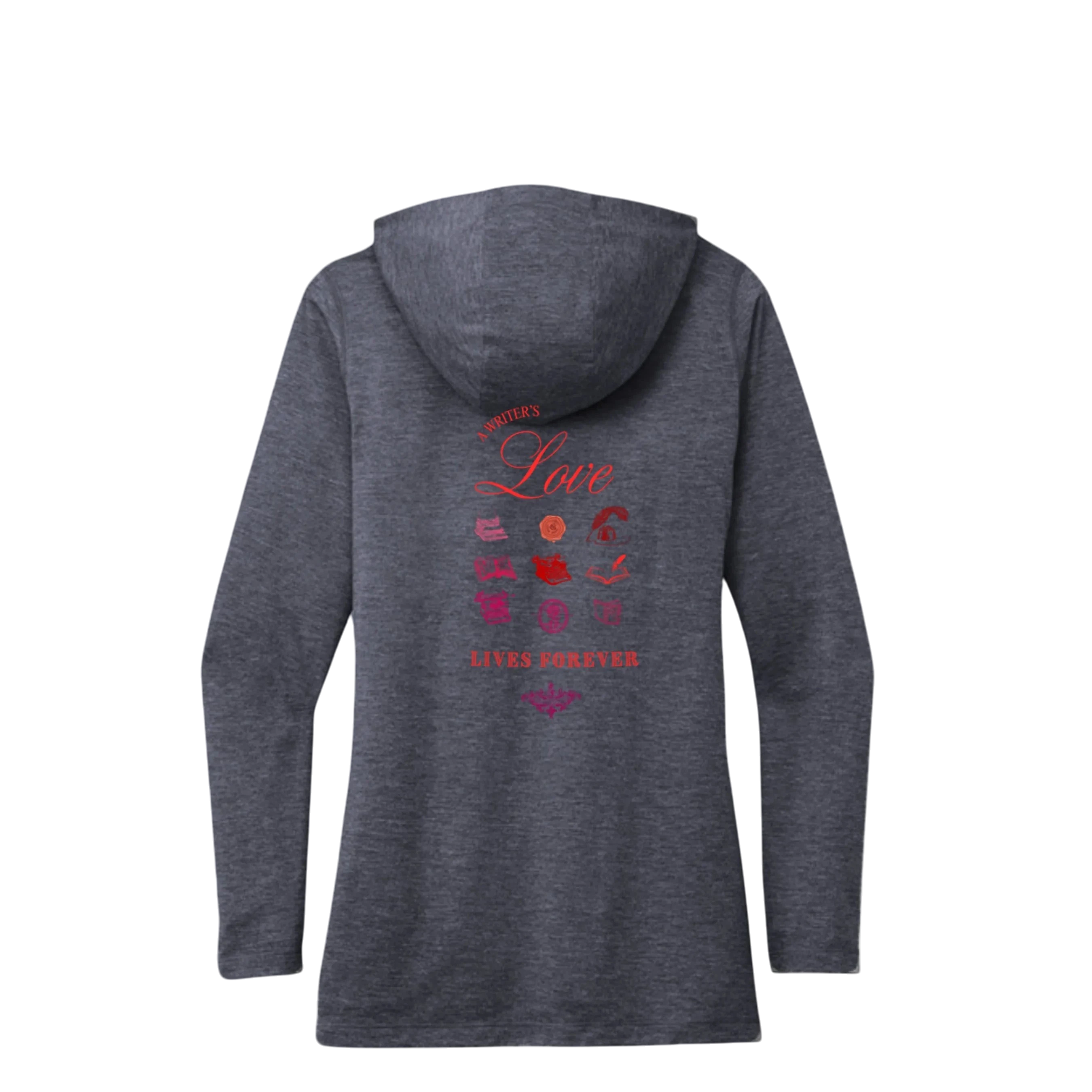 Sonoma Rebel dark heather grey tri-blend hoodie with "Writer's Love Lives Forever" graphic on back.