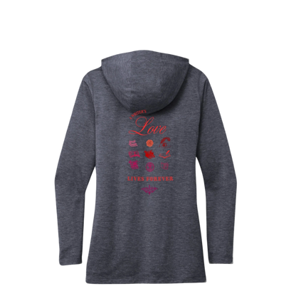 Sonoma Rebel dark heather grey tri-blend hoodie with "Writer's Love Lives Forever" graphic on back.