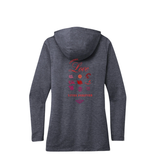 Sonoma Rebel dark heather grey tri-blend hoodie with "Writer's Love Lives Forever" graphic on back.