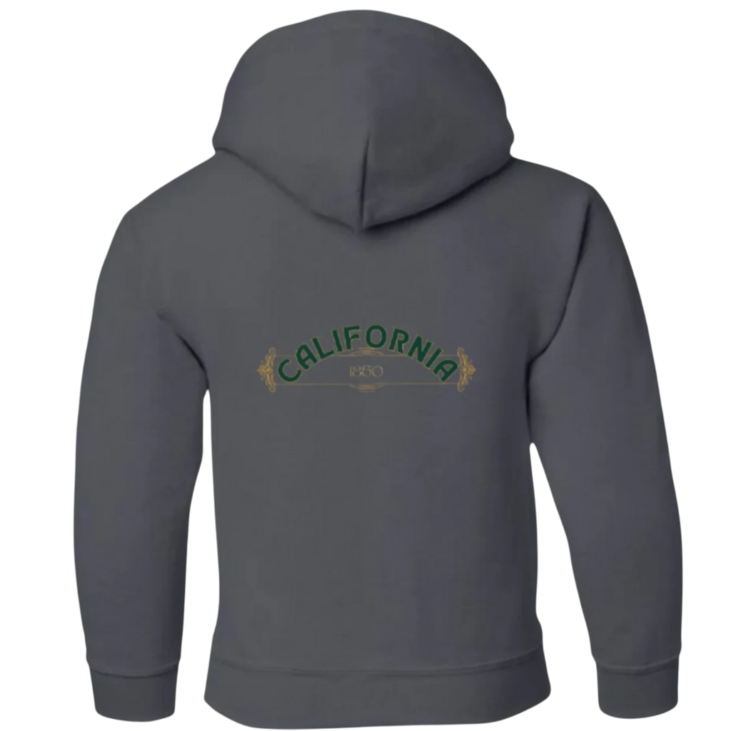 Sonoma Rebel dark grey youth hoodie with "CALIFORNIA 1850" graphic on back. Made from a 50/50 cotton-polyester blend.