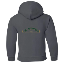 Sonoma Rebel dark grey youth hoodie with "CALIFORNIA 1850" graphic on back. Made from a 50/50 cotton-polyester blend.