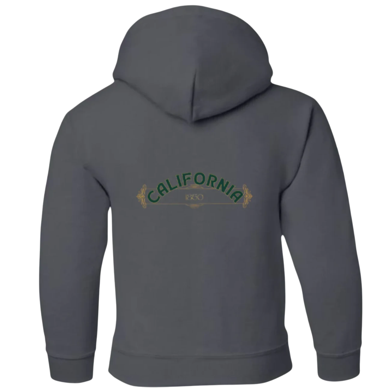 Sonoma Rebel dark grey youth hoodie with "CALIFORNIA 1850" graphic on back. Made from a 50/50 cotton-polyester blend.